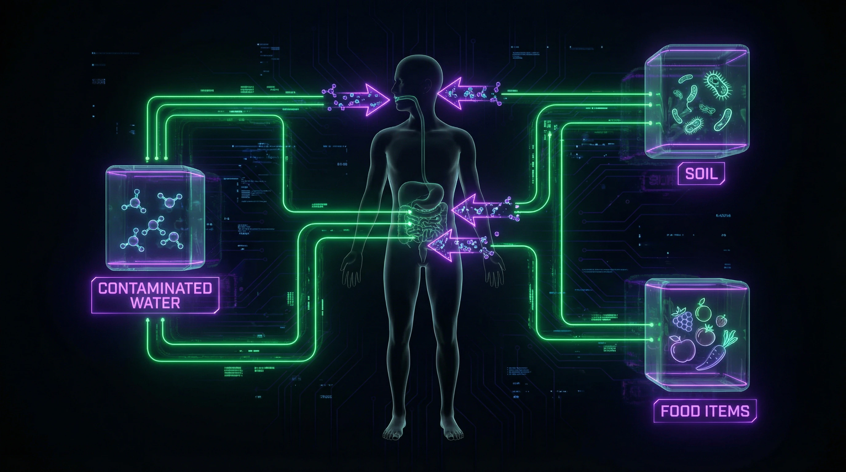 Diagram of intestinal parasite transmission routes through water, soil, and food