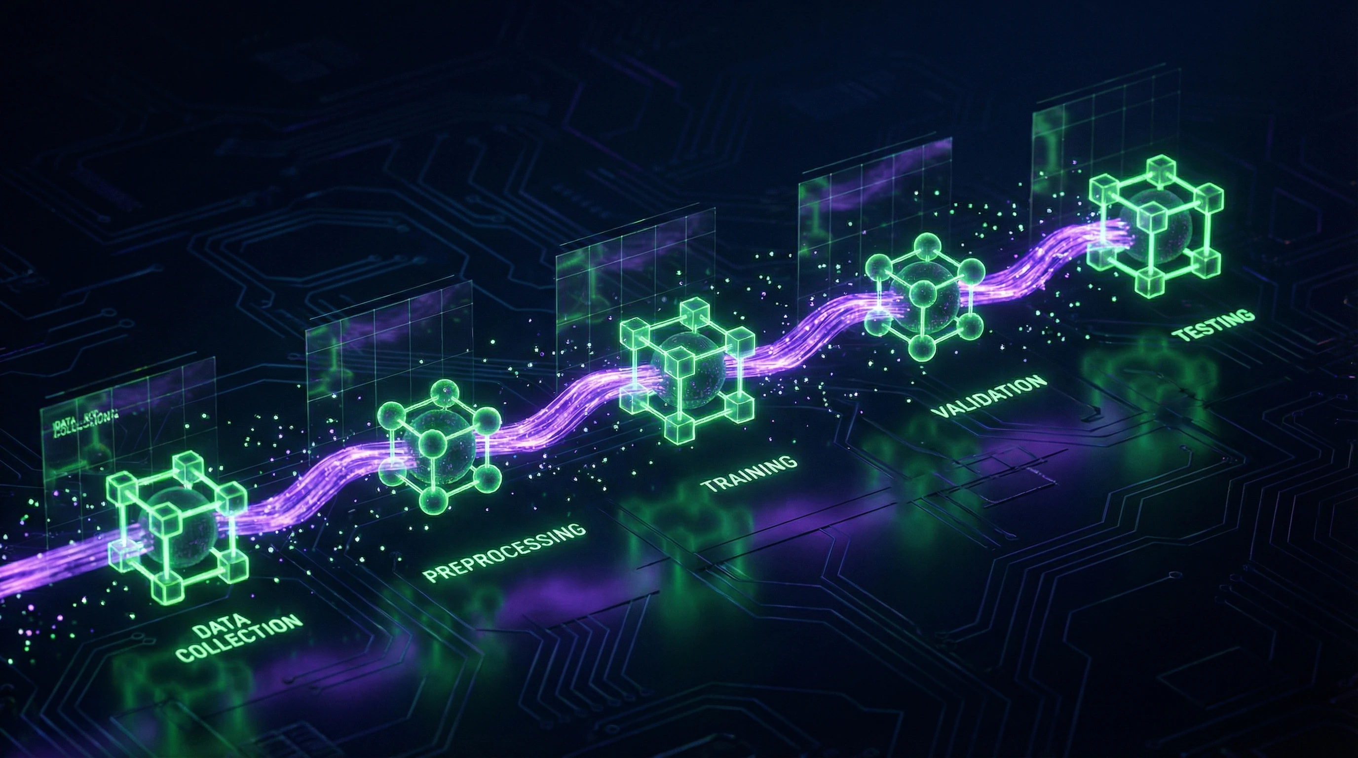 Diagram of machine learning model training stages from data collection to testing