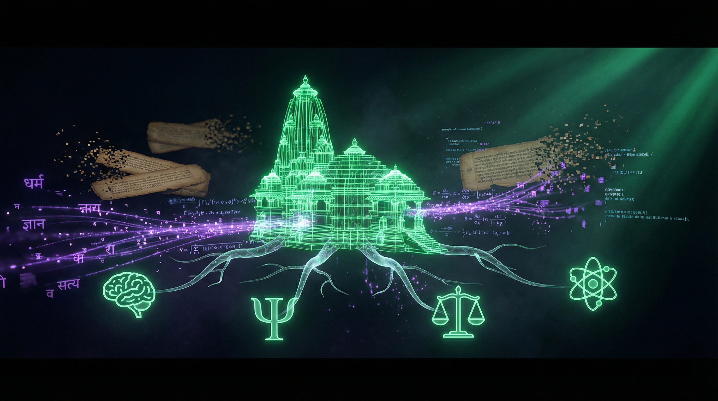 Diagram of interdisciplinary connections between dharmic concepts and contemporary sciences