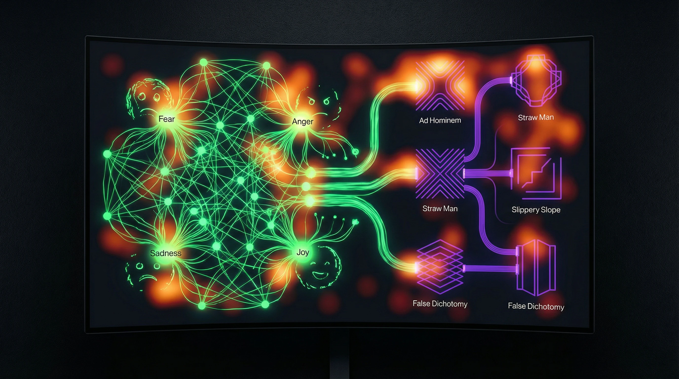 Matrix of relationships between emotional states and types of logical fallacies