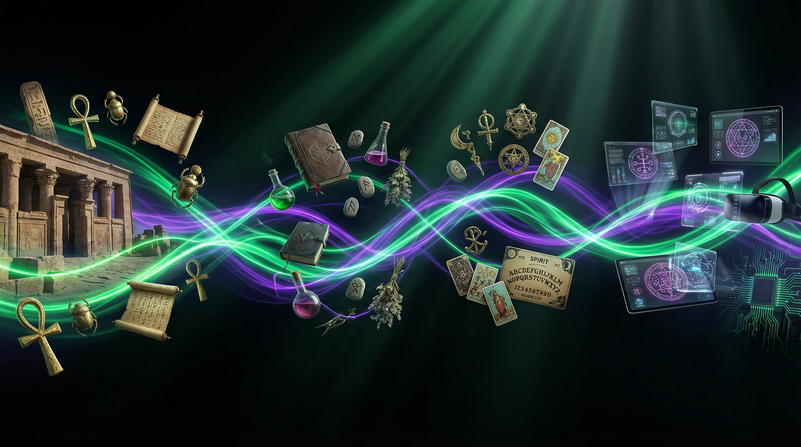 Timeline of magical practice evolution from antiquity to the digital era