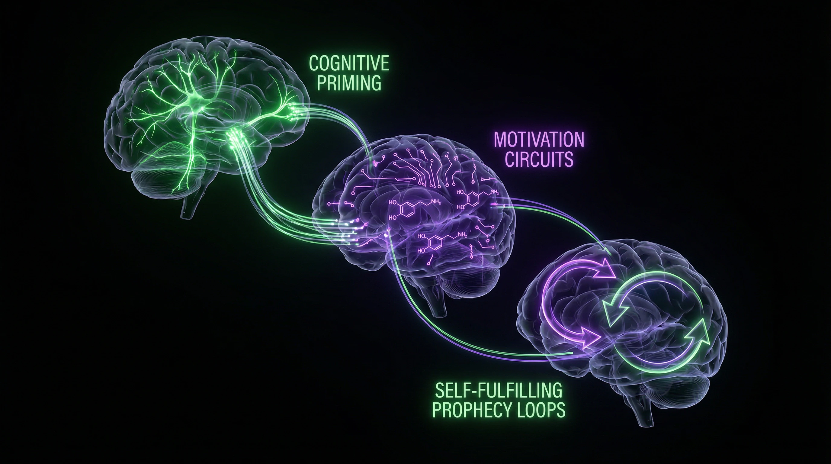 Diagram of three psychological mechanisms of manifestation with neural connections