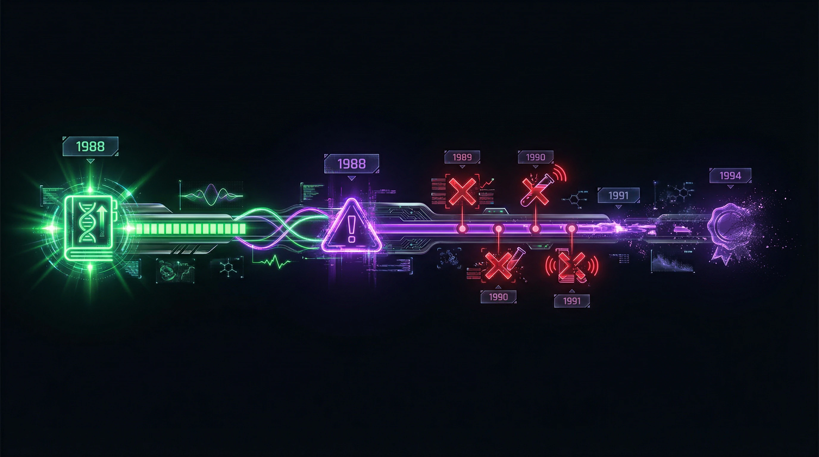 Timeline of Benveniste's experiments from 1988 to 1994