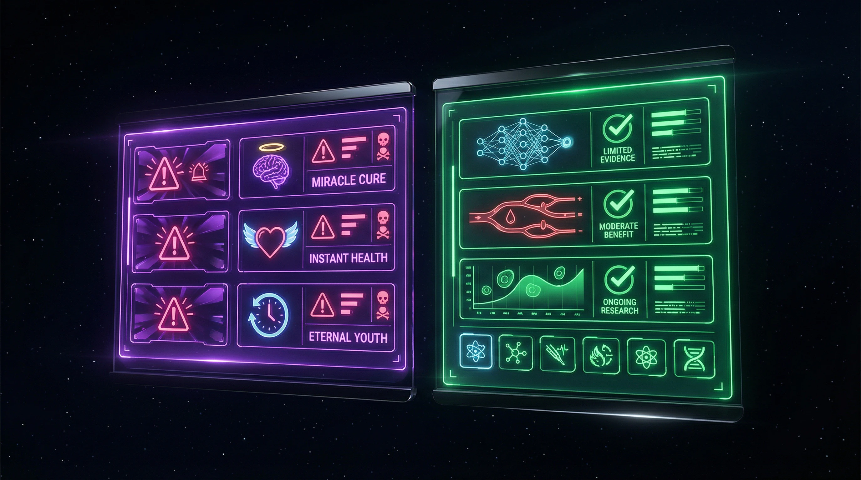 Comparative table of marketing claims versus medical positions on popular supplements