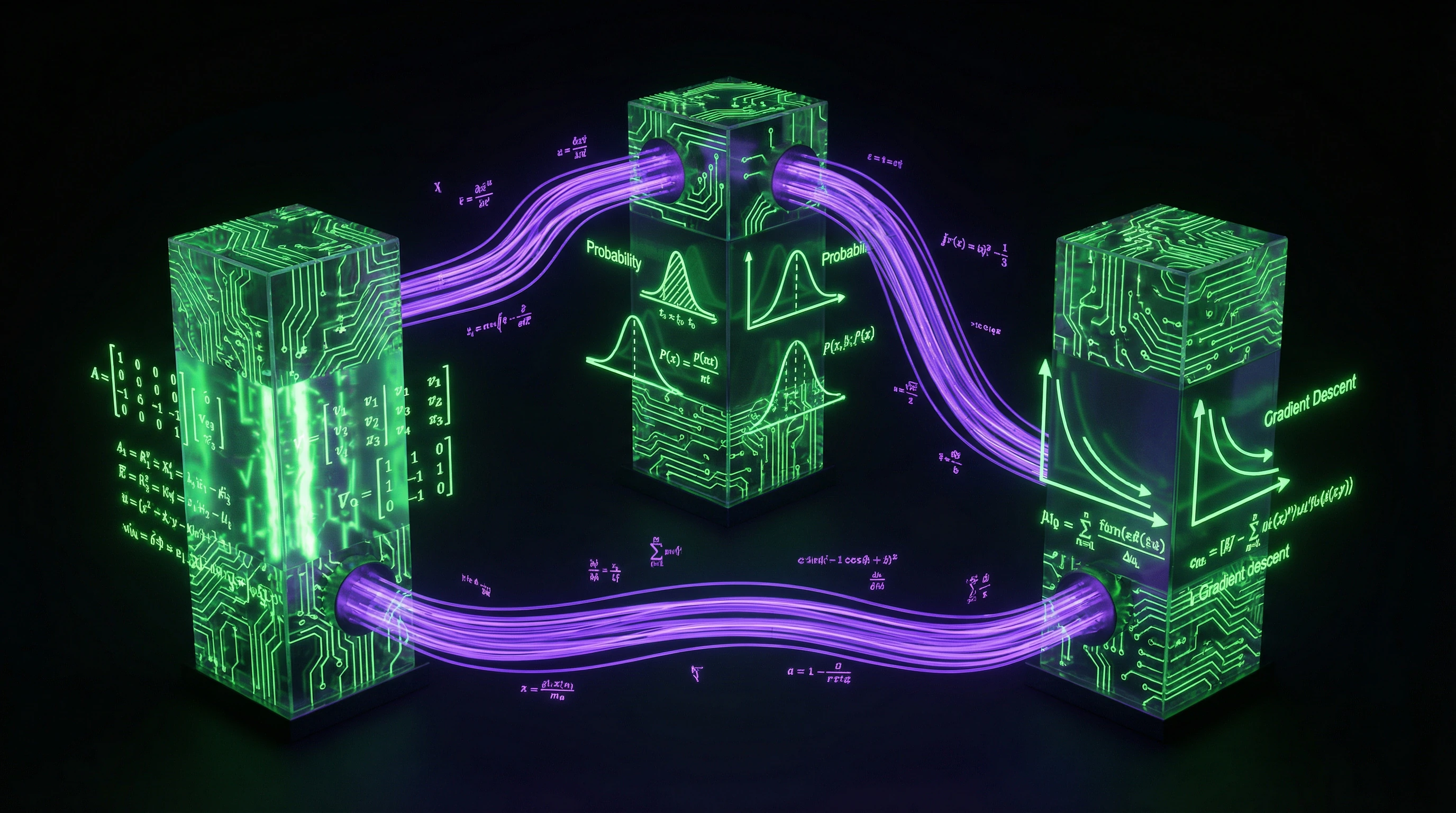 Diagram of three mathematical disciplines with key concepts