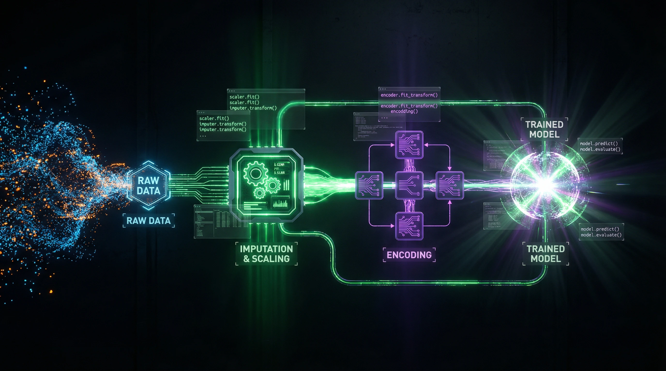 ML pipeline diagram from raw data through transformations to trained model