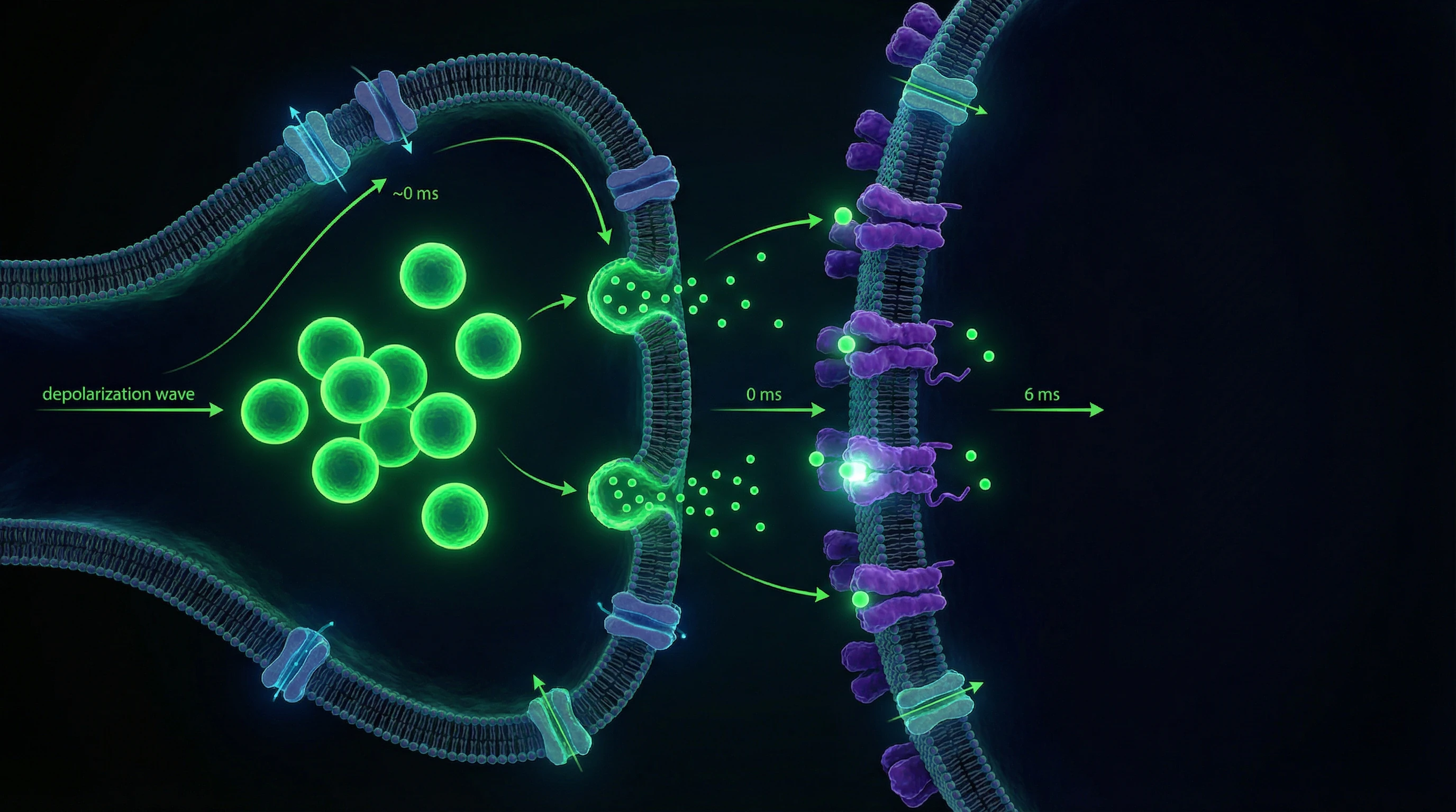 Diagram of chemical synaptic transmission with vesicles and receptors