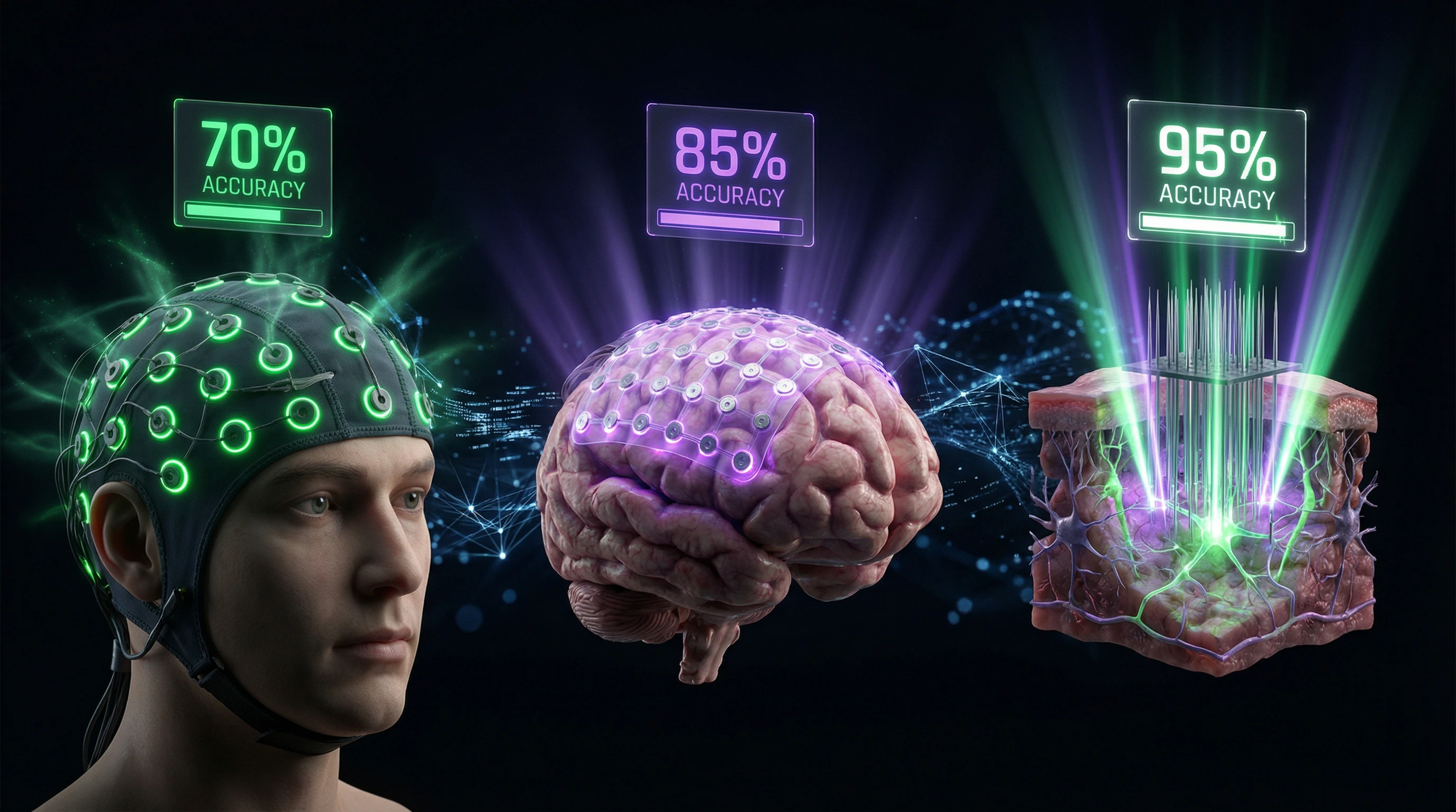 Comparative diagram of decoding accuracy for invasive, ECoG, and EEG interfaces