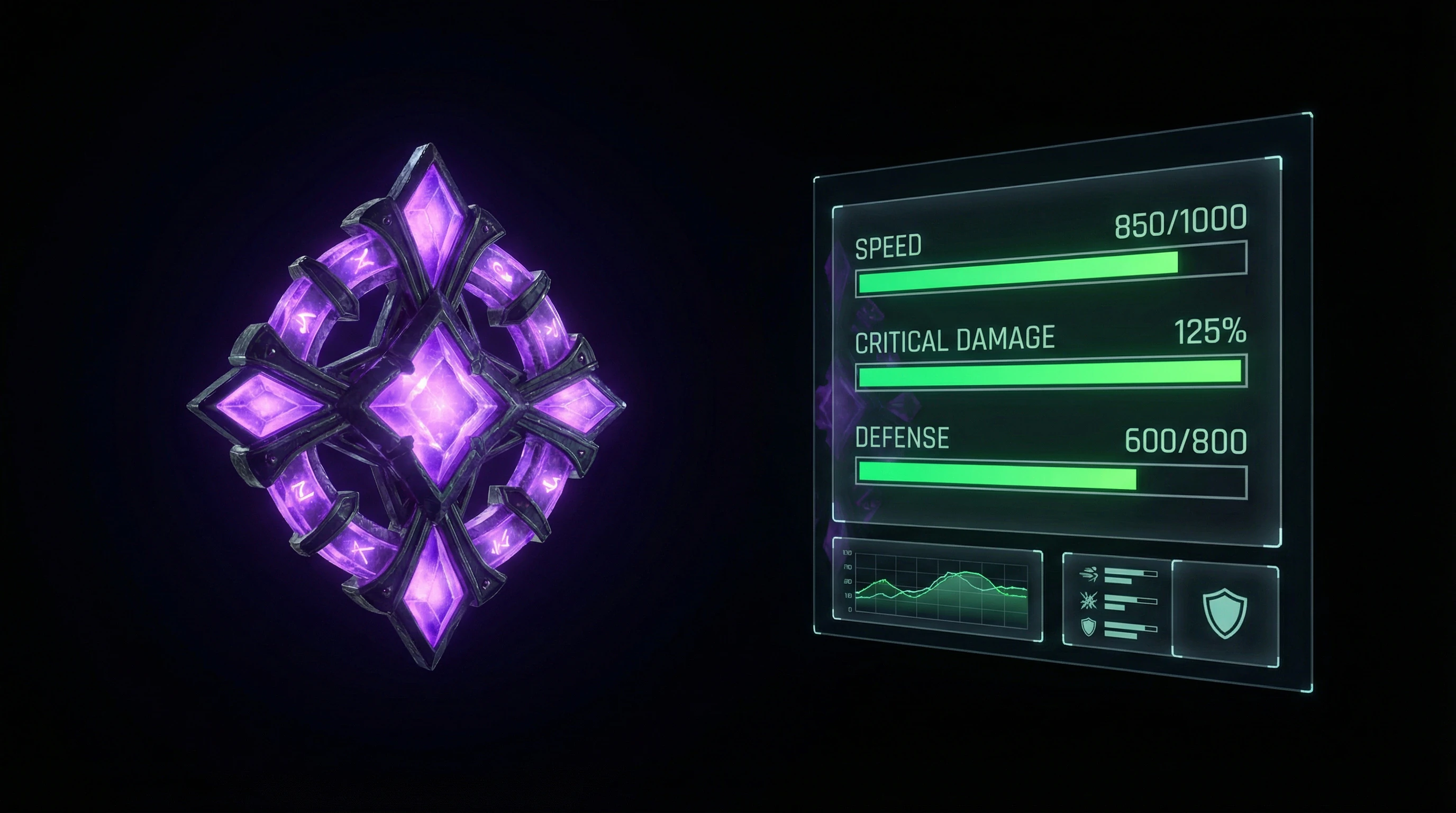 Interface comparing gaming talisman characteristics with haste and critical damage stats