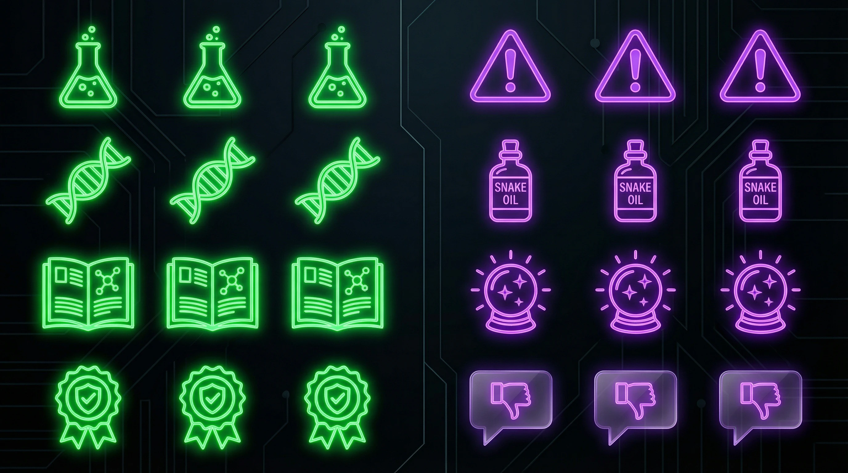 Comparative diagram of evidence-based medicine and pseudomedicine characteristics