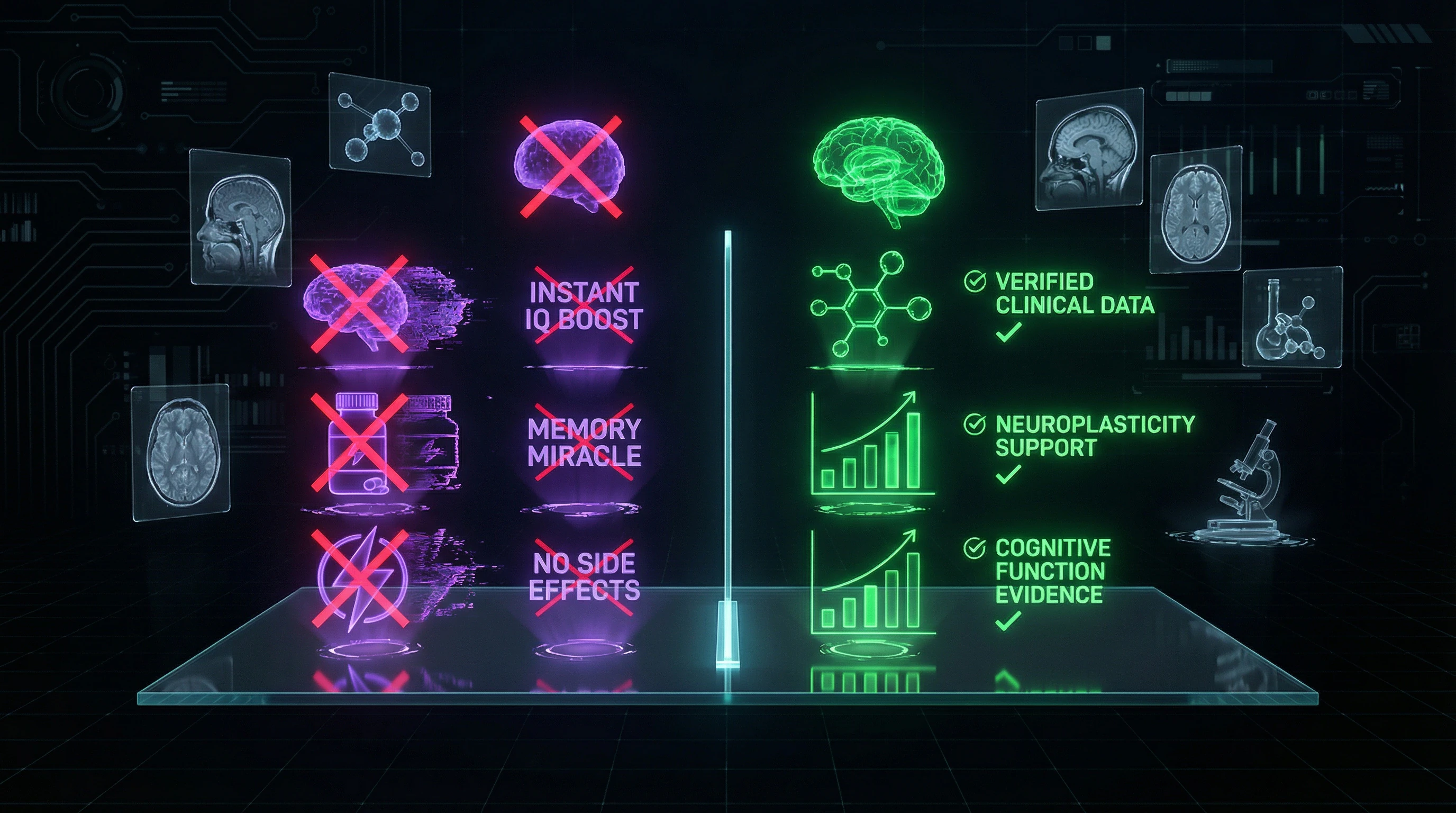 Comparison table of common brain supplement myths versus scientific facts
