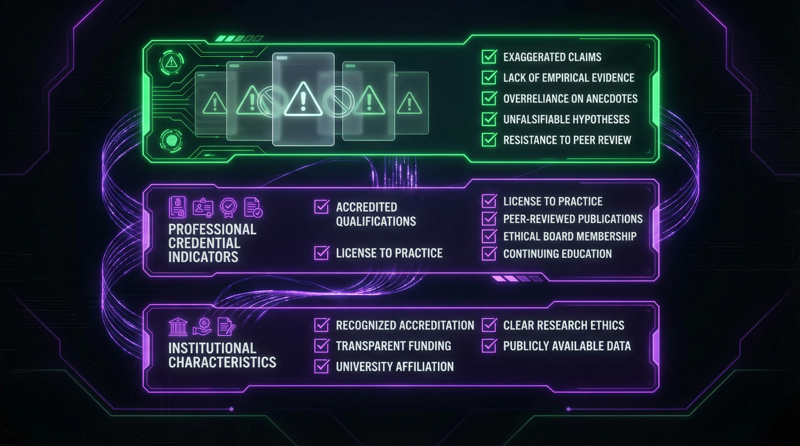 Pseudopsychology red flags checklist with three categories of indicators