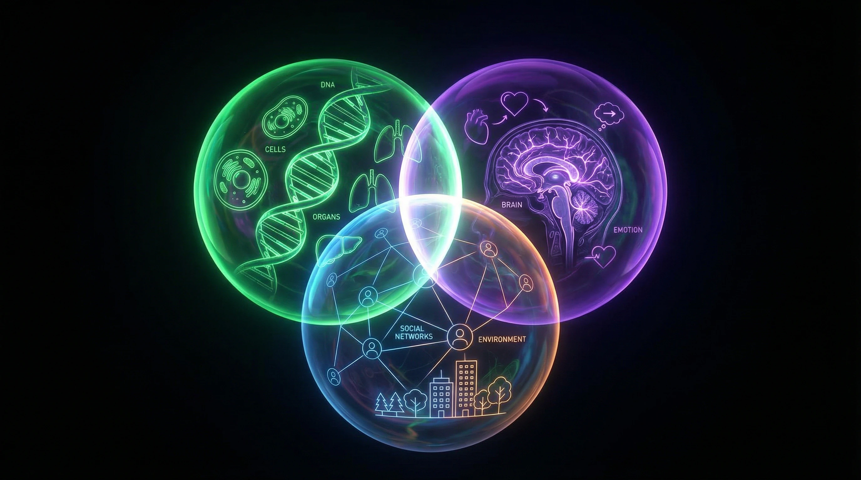Diagram of the biopsychosocial model with three intersecting circles: biological, psychological, and social factors