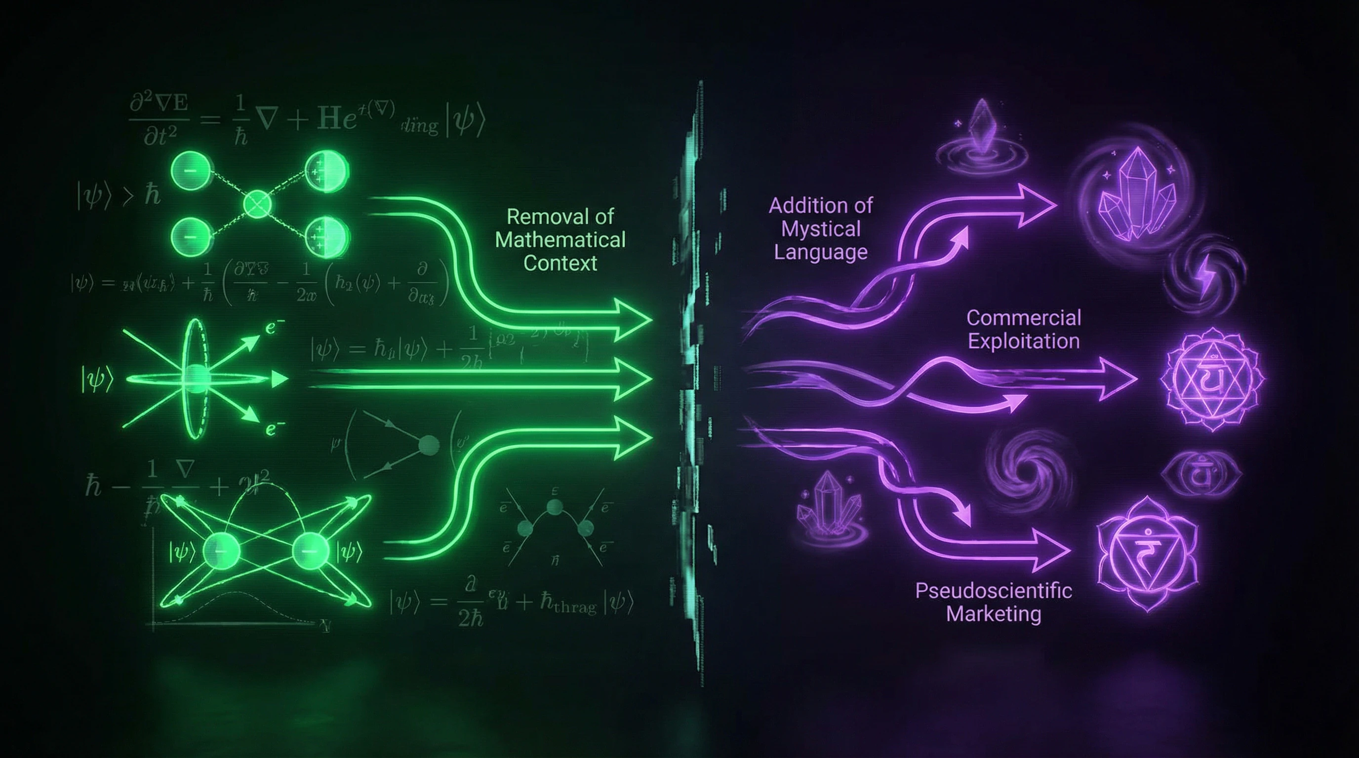 Diagram showing the gap between scientific quantum concepts and their pseudoscientific interpretations