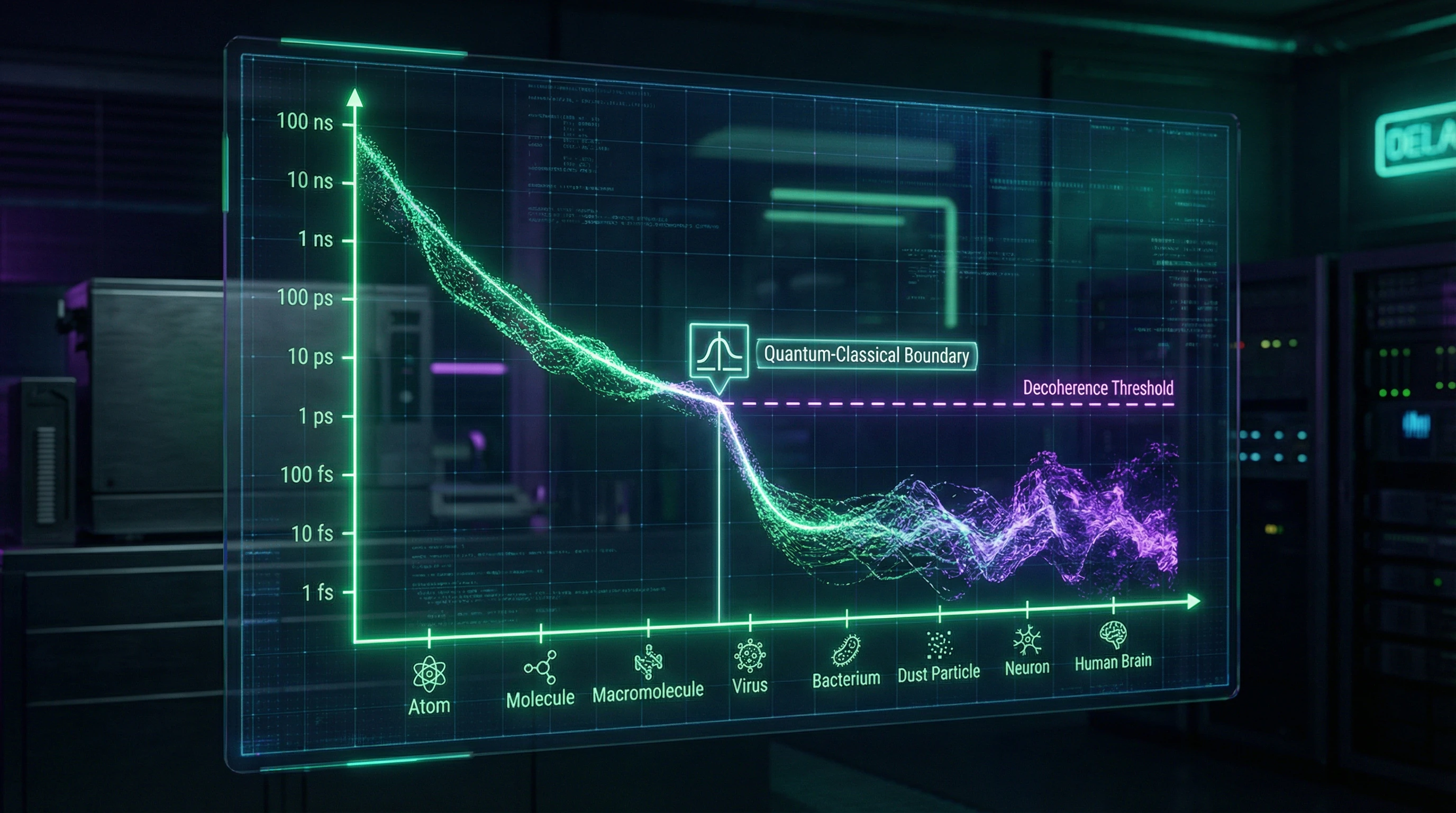 Graph showing decoherence time versus object size