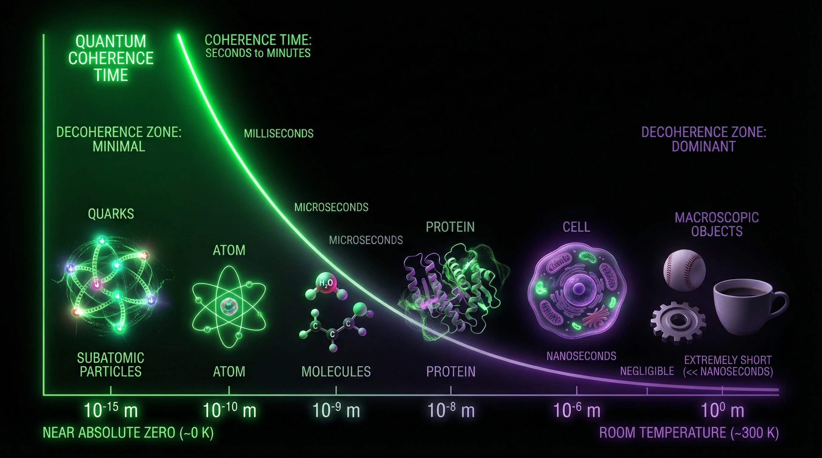 Diagram of quantum effects applicability scales from subatomic to macroscopic level