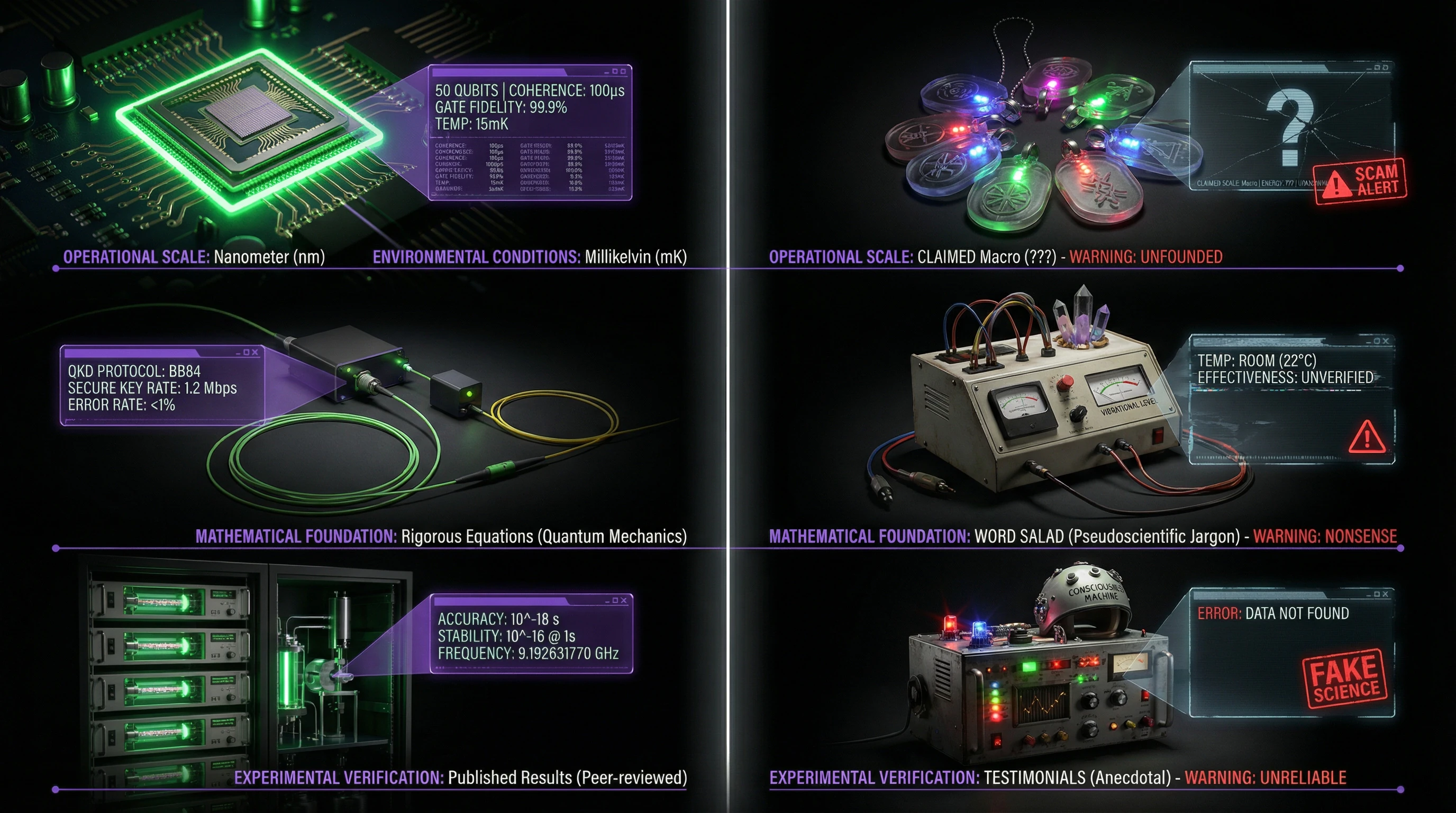 Diagram delineating legitimate quantum technologies from pseudoscientific claims