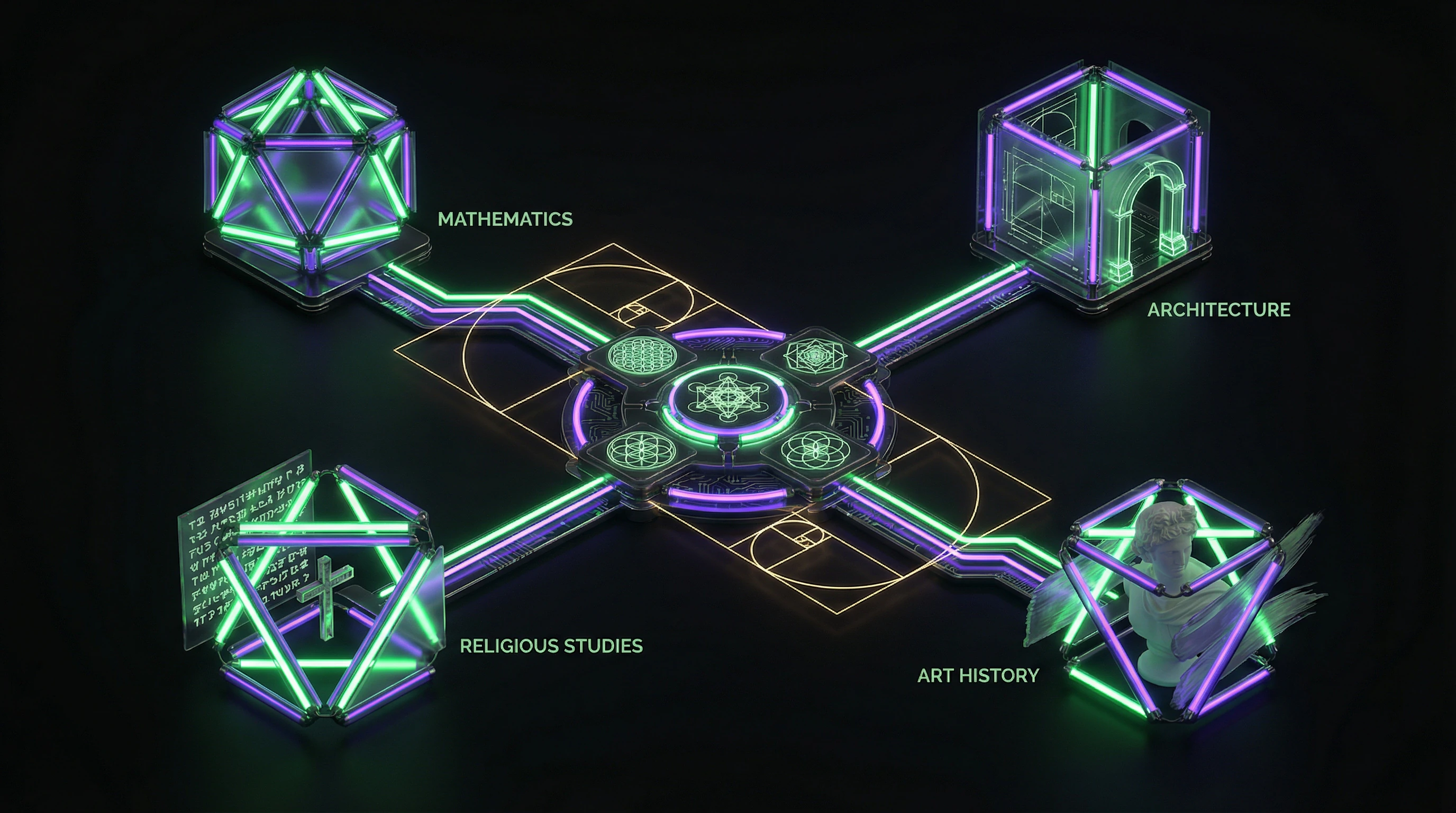 Diagram of interdisciplinary connections of sacred geometry with mathematics, architecture, religious studies, and art history