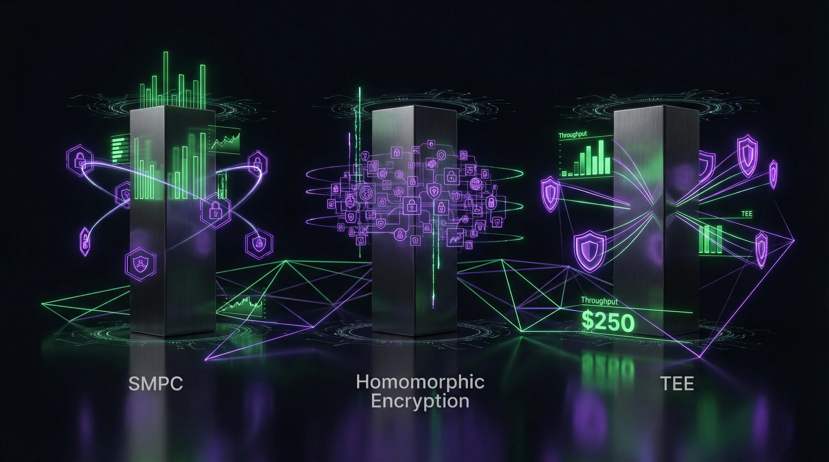 Comparative table of SMPC, homomorphic encryption, and TEE by security and performance parameters