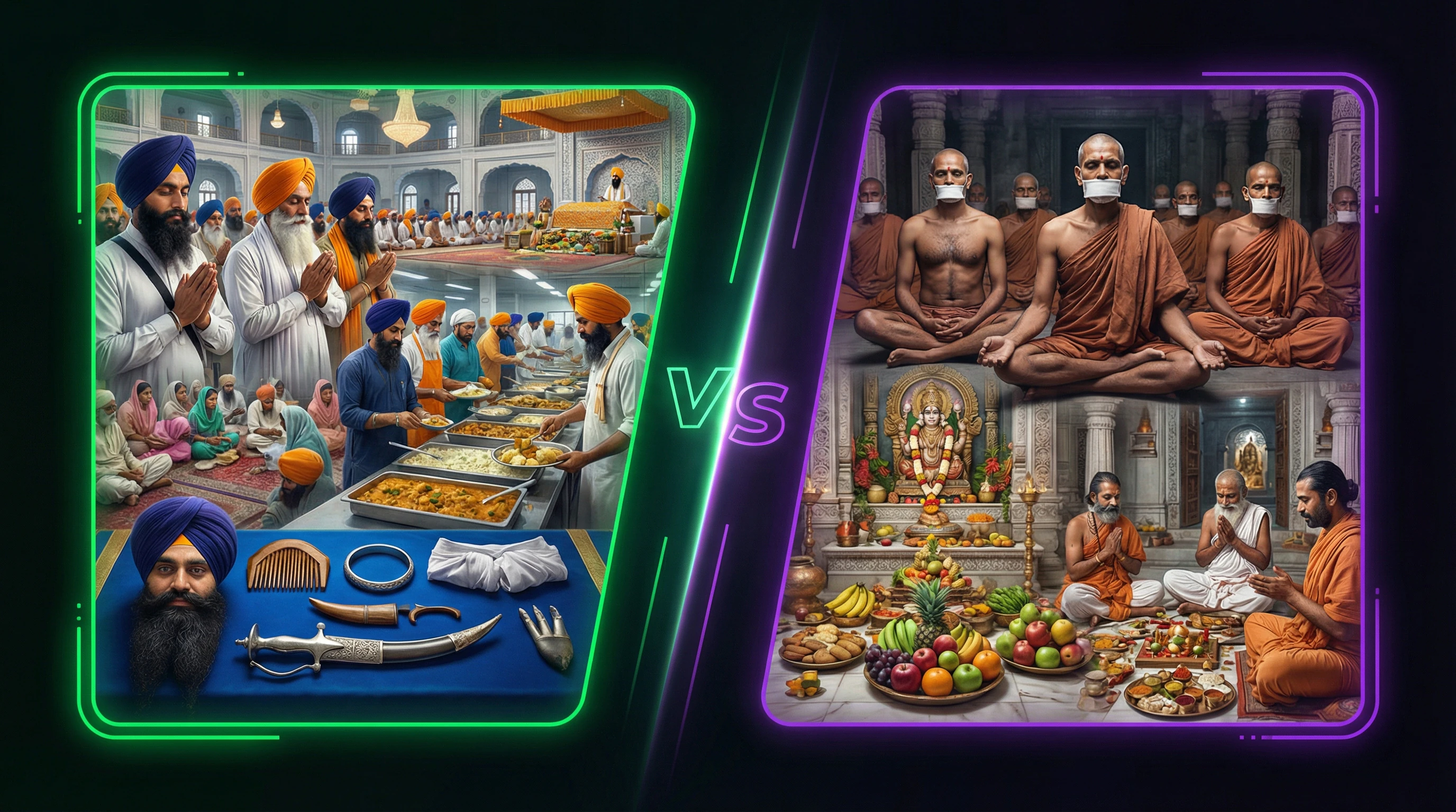 Comparative diagram of religious practices in Sikhism and Jainism