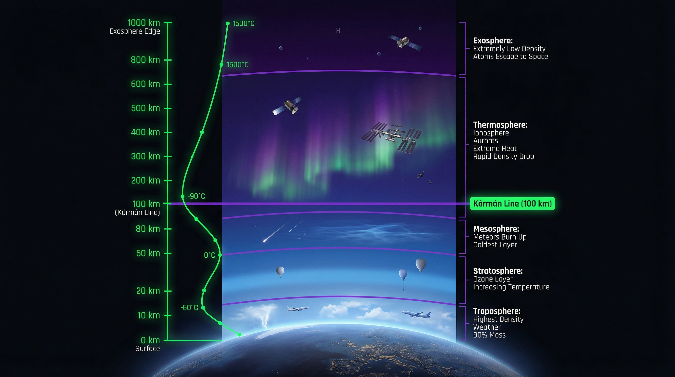 Vertical profile of Earth's atmospheric layers with altitude and temperature indicators