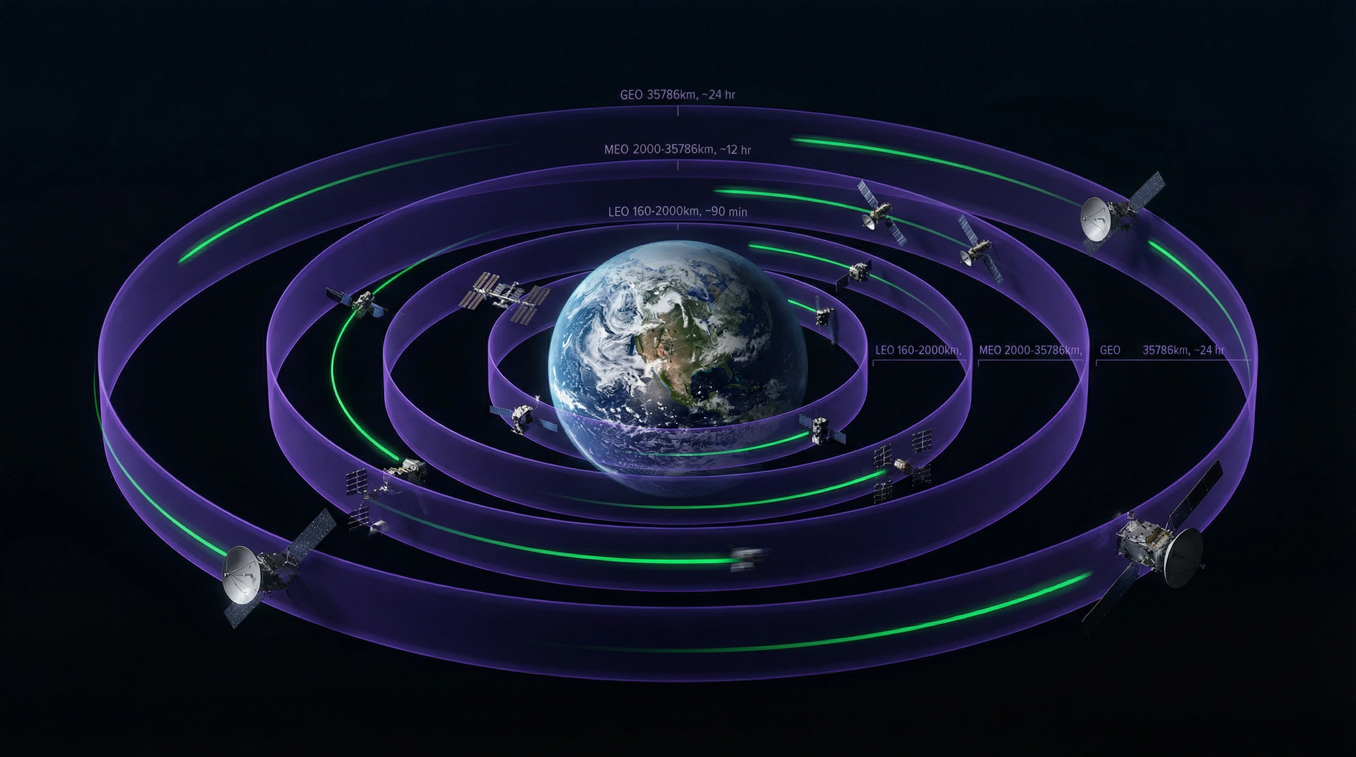 Diagram of orbital zones around Earth showing altitudes and purposes
