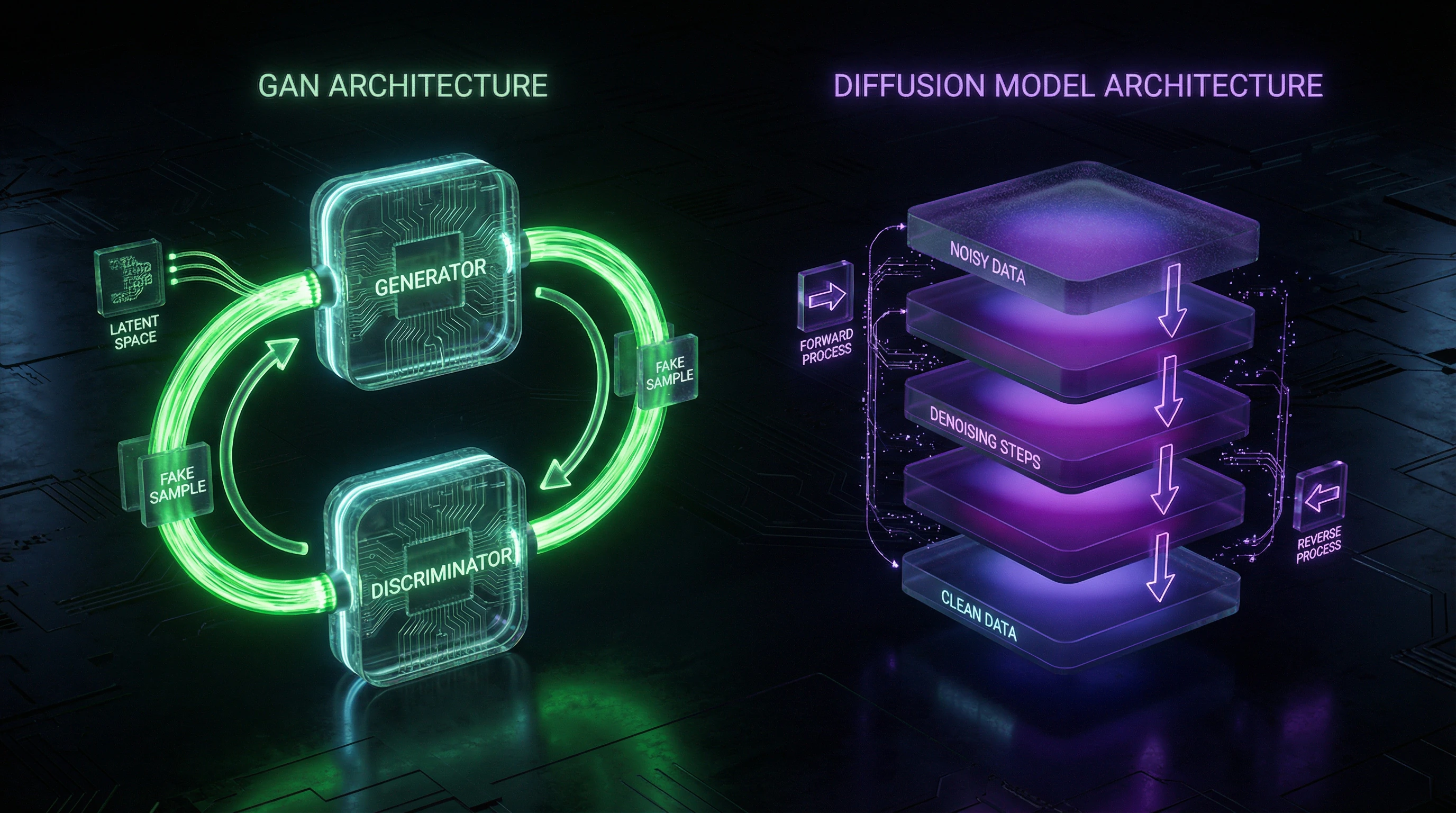 Schematic comparison of GAN and diffusion model architectures