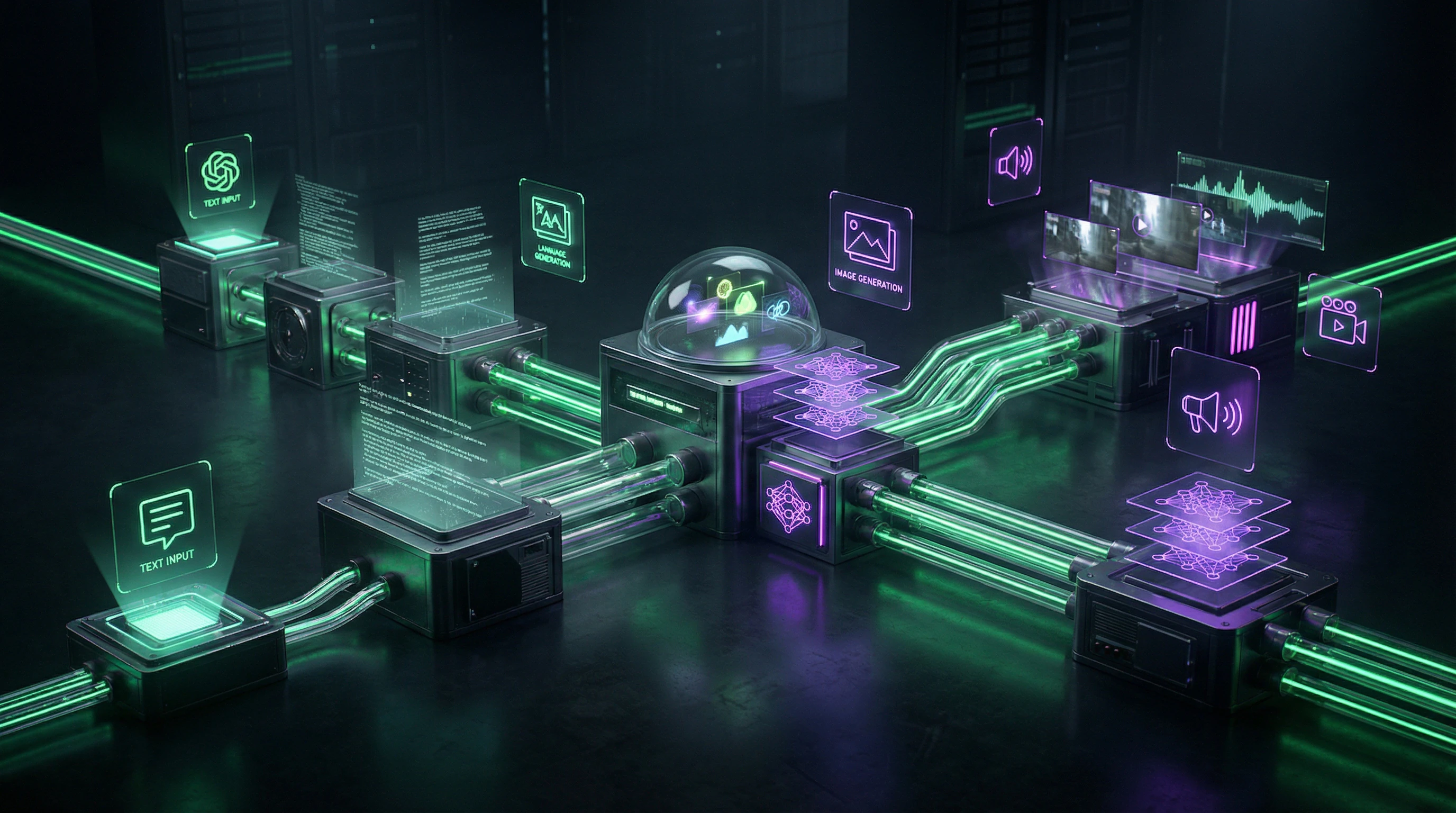 Diagram of multimodal content generation pipeline from text to video