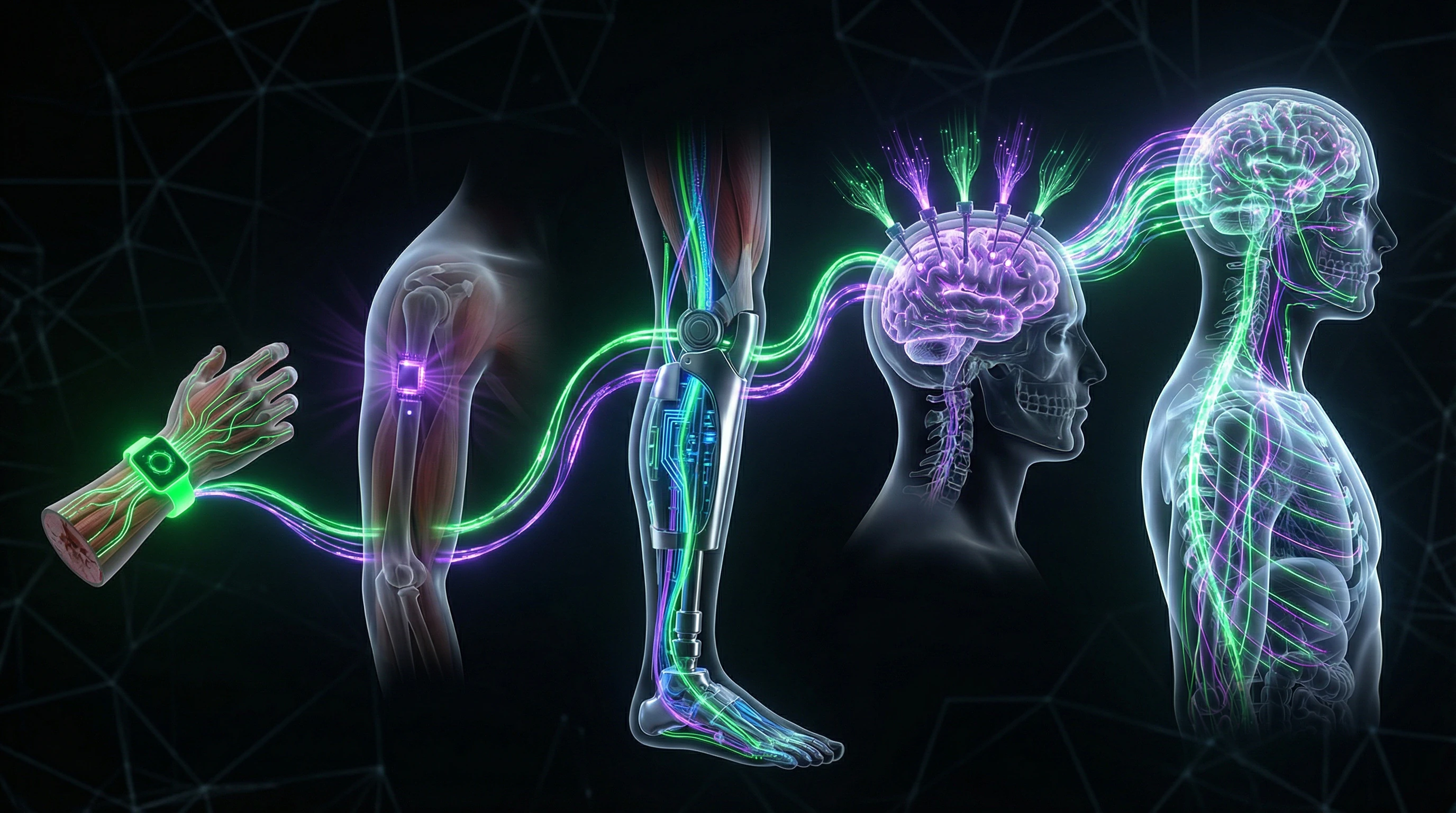 Diagram of levels of technology integration with the human body from wearable devices to neural interfaces