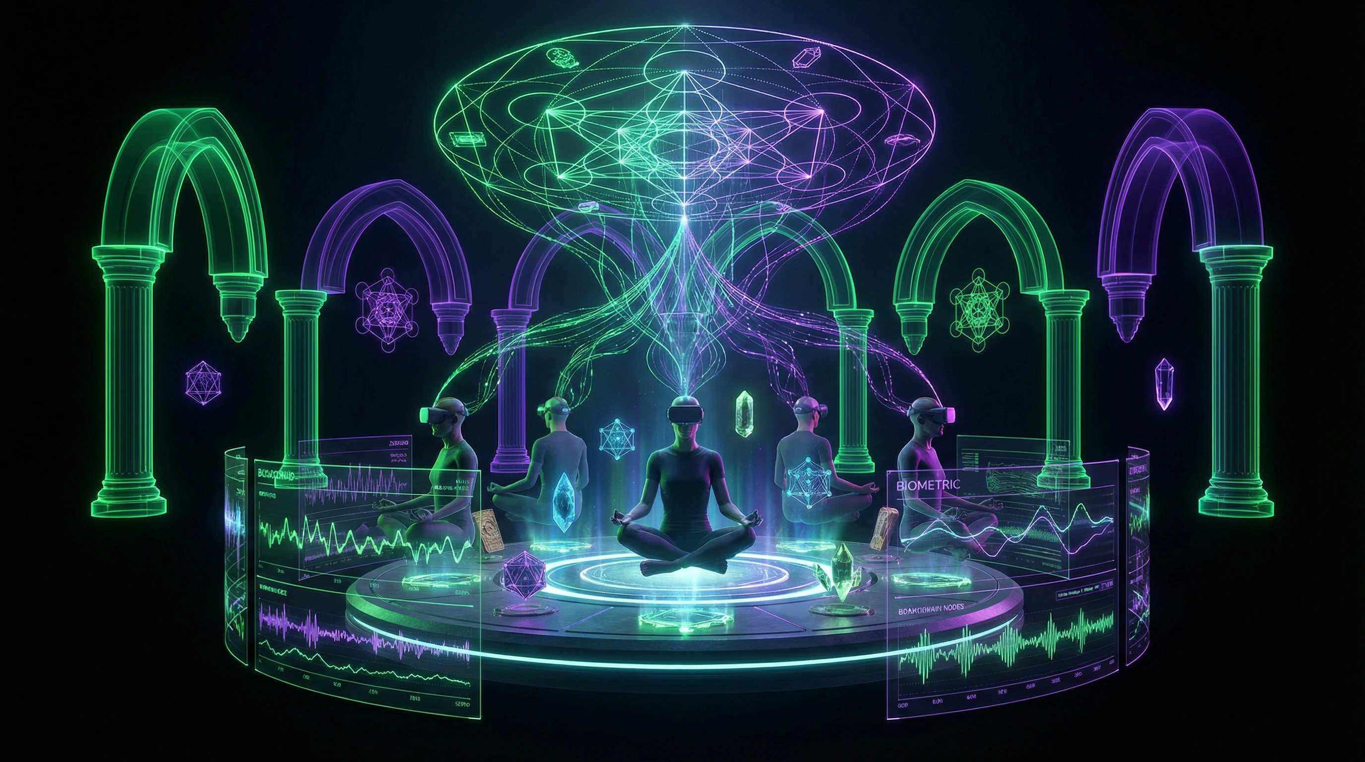 Conceptual diagram of VR temple with techno-meditation and blockchain rituals