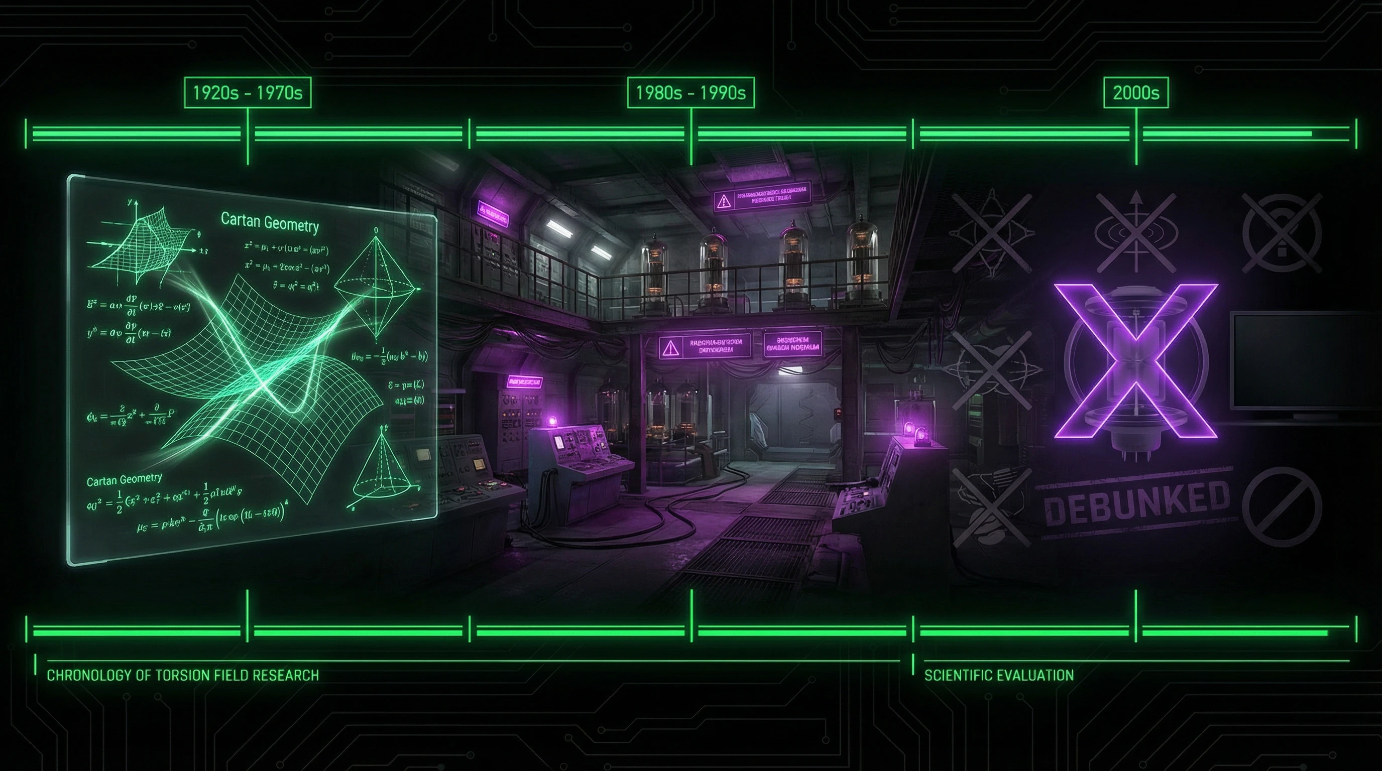 Chronological timeline of torsion field concept development from the 1920s to 2000s