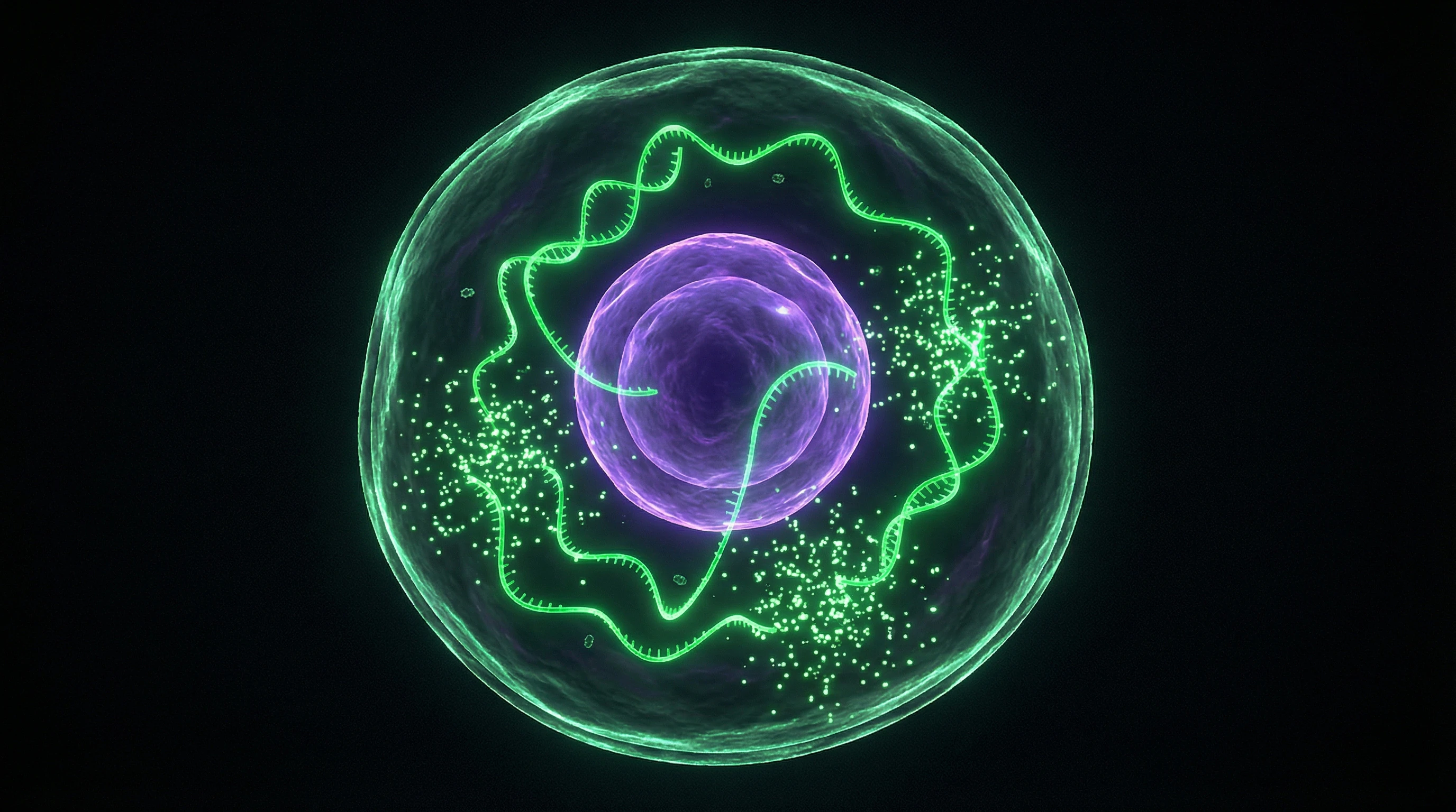 Diagram of mRNA vaccine function in a cell showing cytoplasm, ribosomes, and nucleus