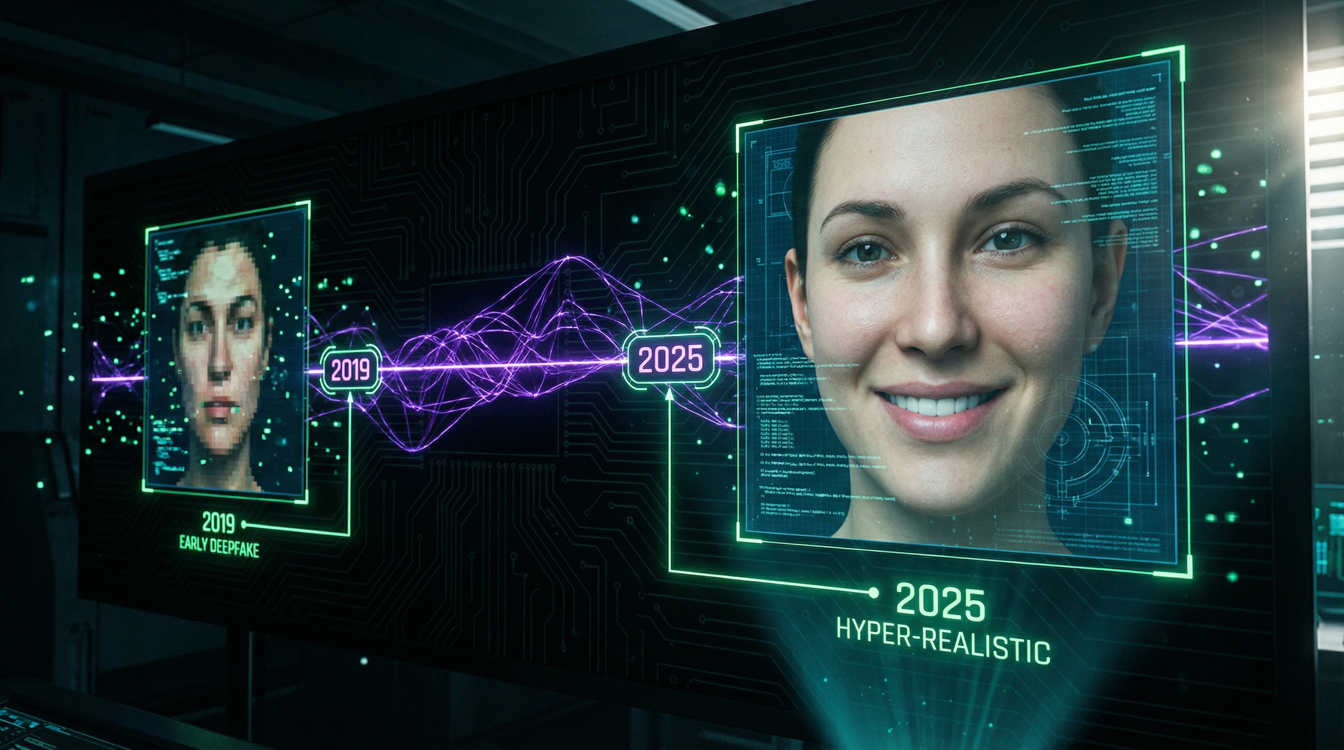 Timeline of deepfake technology development from 2019 to 2025