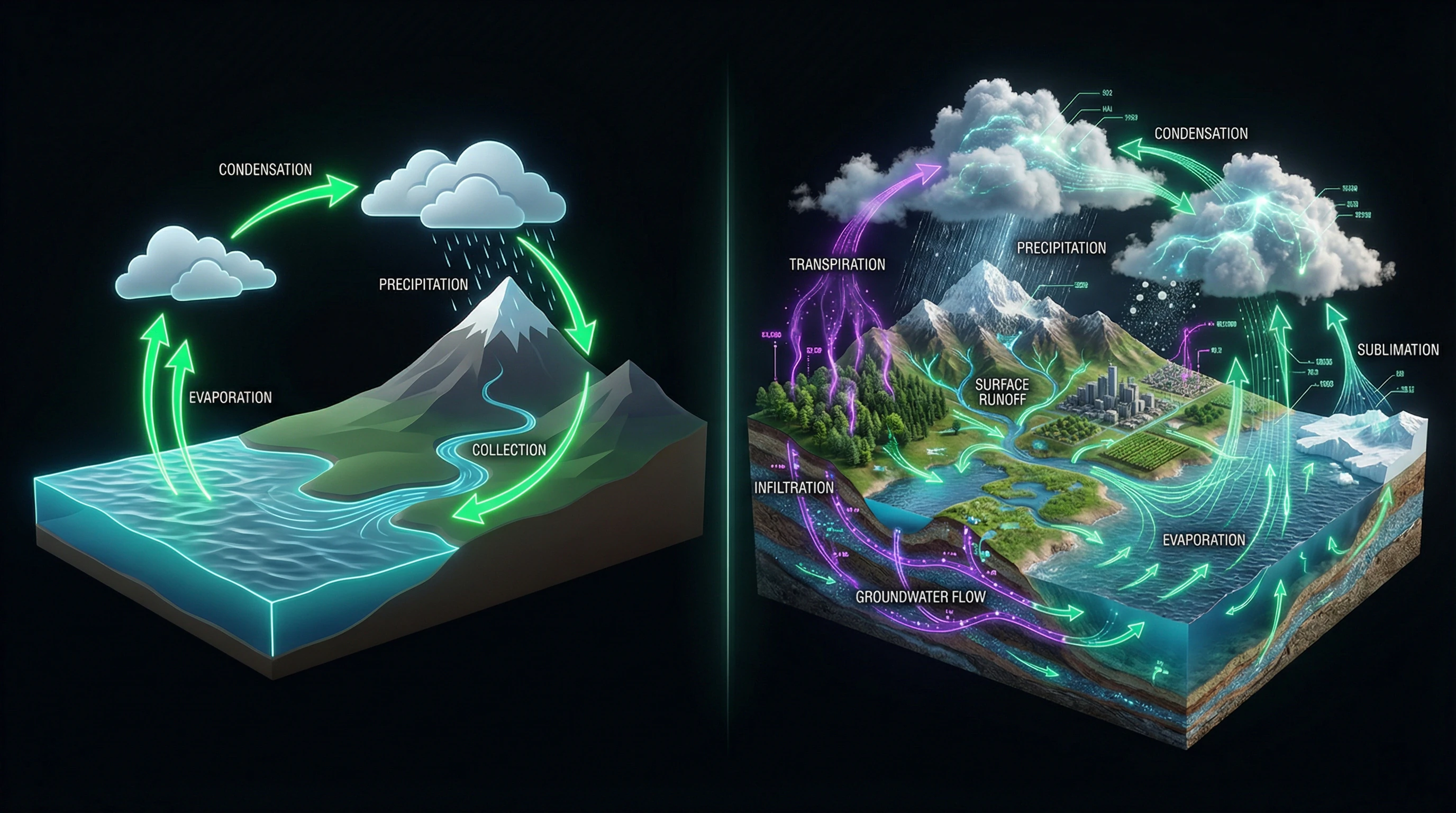 Diagram comparing simplified and complete water cycle models